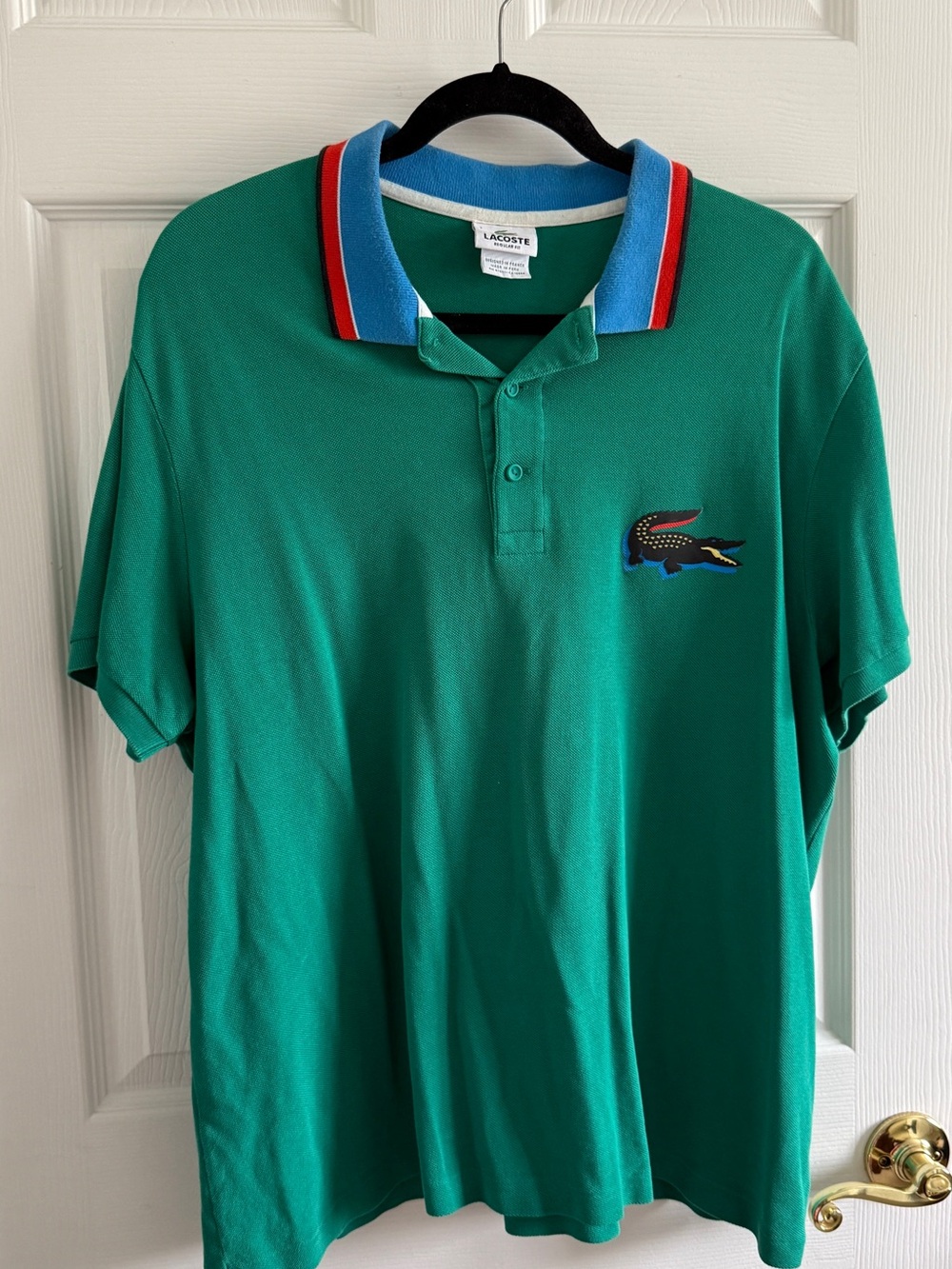 Lacoste Green Polo Big Crocodile Logo Striped Collar Men's Size 7 (XL)